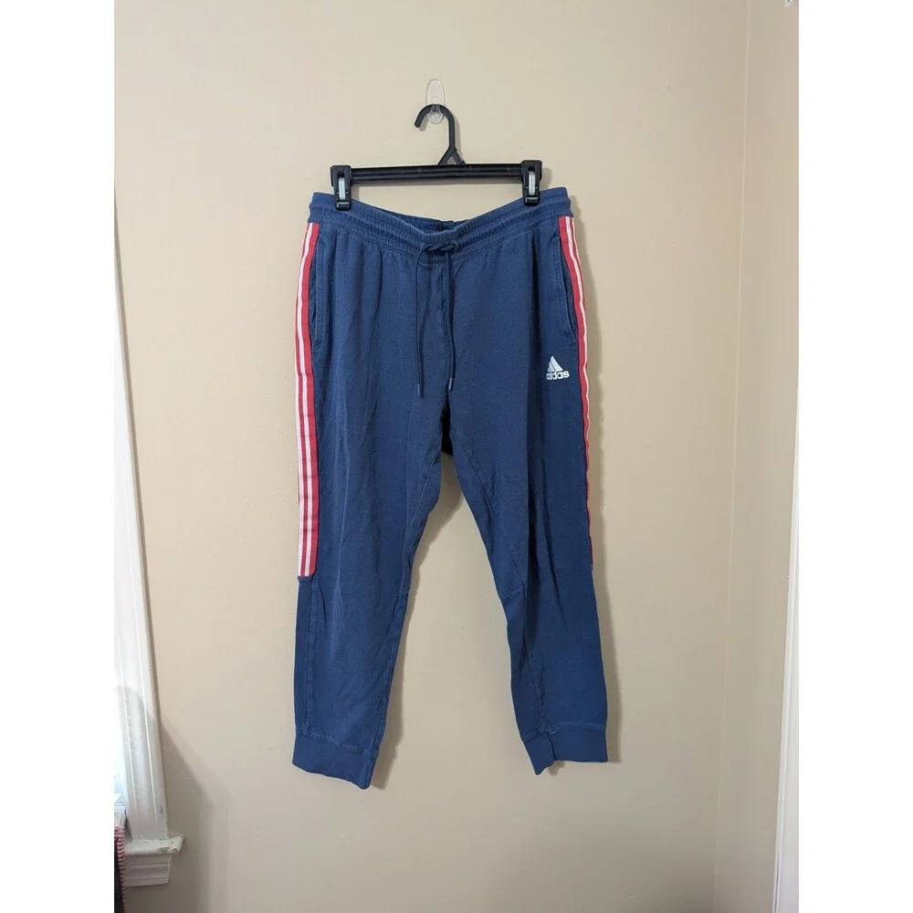 Adidas Jogger Pants Men’s L Blue Cotton Red Stripes Pockets YGI G3-136